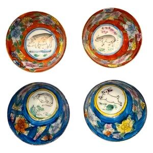 3 Chinese Antique Zodiac Hand painted Gold Trimmed Mini Porcelain Bowl Sake Cup